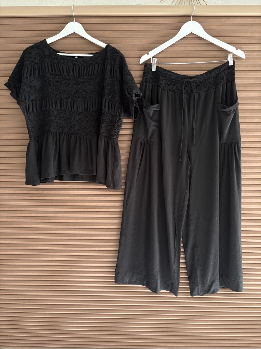 Women's Black Smocked Top and Wide-Leg Pants Set